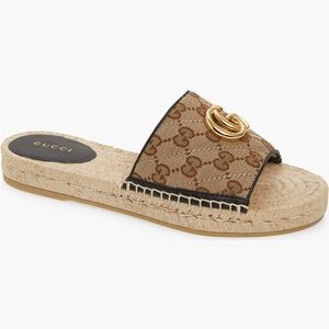 New Gucci Brown Pilar Original GG Canvas Espadrille Slide Sandals 37.5